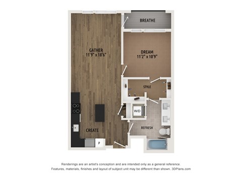 Floor plan for 1 bed, 1 bath, 687 sqft